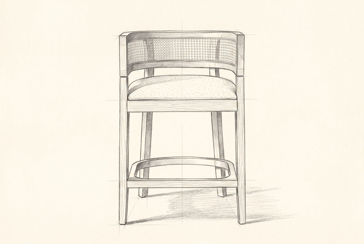 Pencil drawing of the Sabaudia counter stool, front view
