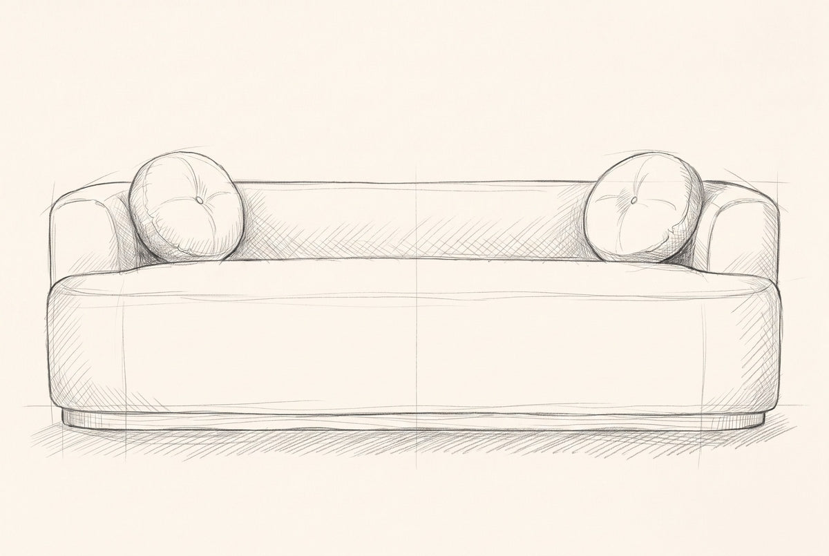 Pencil drawing of the Sabbioneta sofa traced from the front view