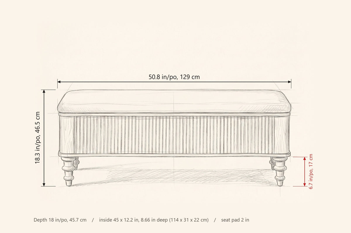 Salerno storage bench dimensions: 50.8 in long, 18.3 in high, 18 in deep, legs 6.7 in, inside 45 x 12.2 x 8.66 in