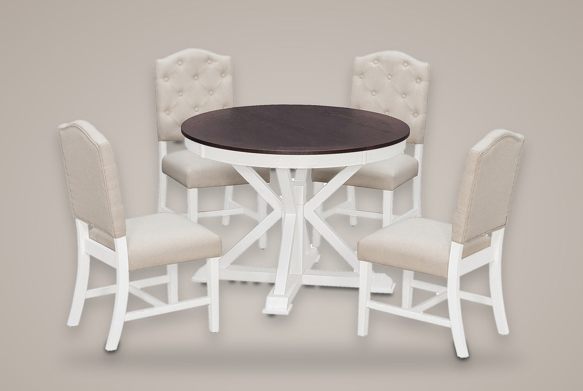 Saluzzo five-piece dining set: a round oak-veneer table on an antique-white X pedestal with four button-tufted chairs pulled