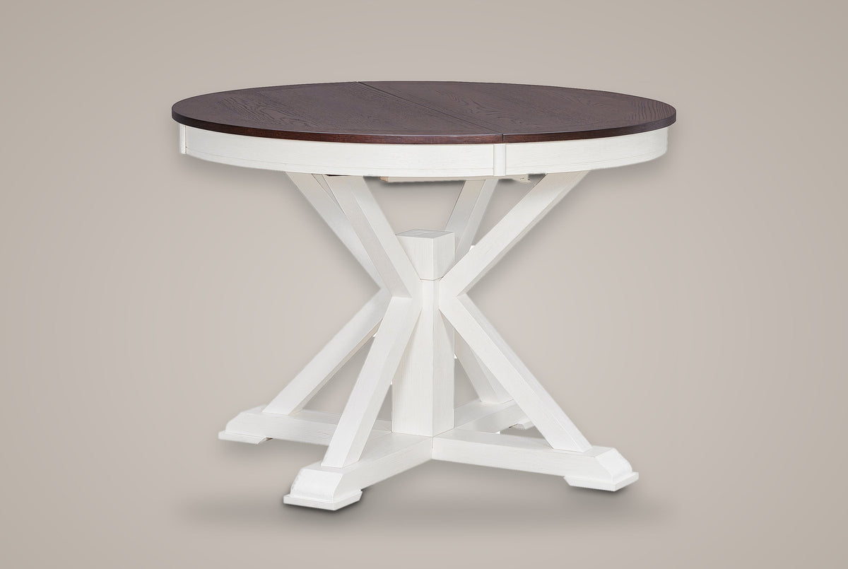 Saluzzo round dining table in espresso oak veneer and antique white, front view of the X pedestal and its four block feet