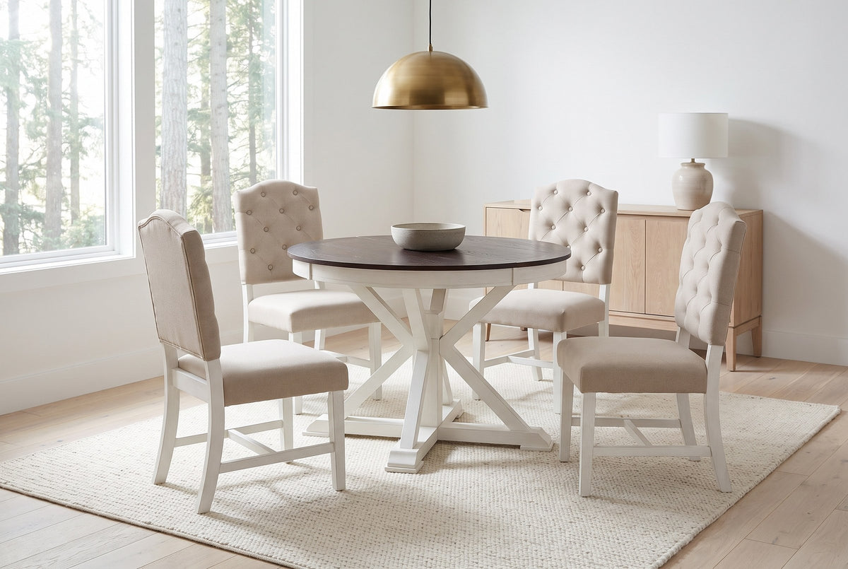 The Saluzzo dining set on an ivory wool rug in a bright Vancouver dining nook