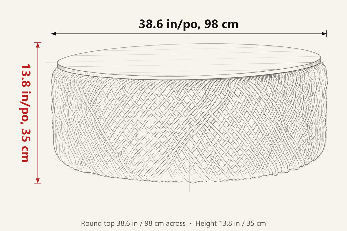 Sambuca dimensions on a pencil sketch of the table: 38.6 in across, 13.8 in high