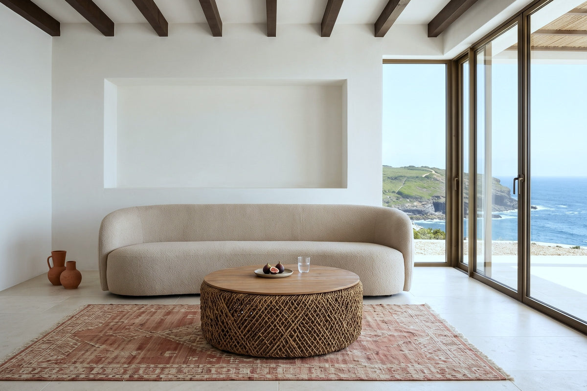 Sambuca coffee table in an Ericeira clifftop house, with white lime render, chestnut beams, a curved sand boucle sofa