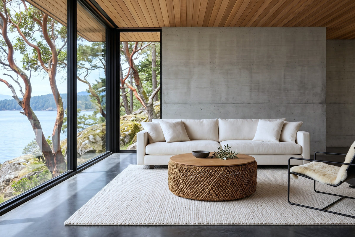 Sambuca coffee table in a Mayne Island house, with board-formed concrete, a cedar slat ceiling