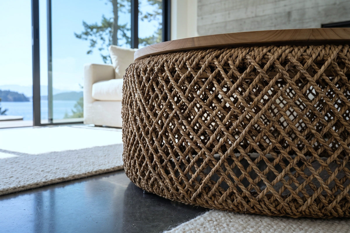 The Sambuca drum at floor level: twisted abaca rope in an open diagonal lattice under the edge of the teak top