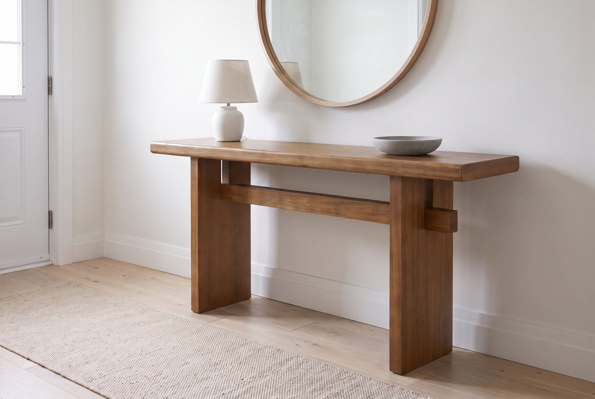 Sanremo console table in antique brown in a white front hall under a round oak mirror, a ceramic lamp and a stone bowl on top