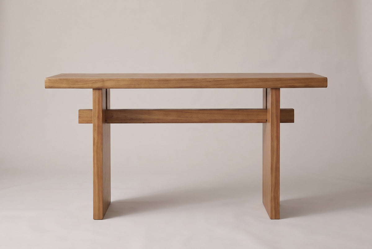 Sanremo console table in antique brown, straight front view: a thick top, two slab legs and one stretcher through both