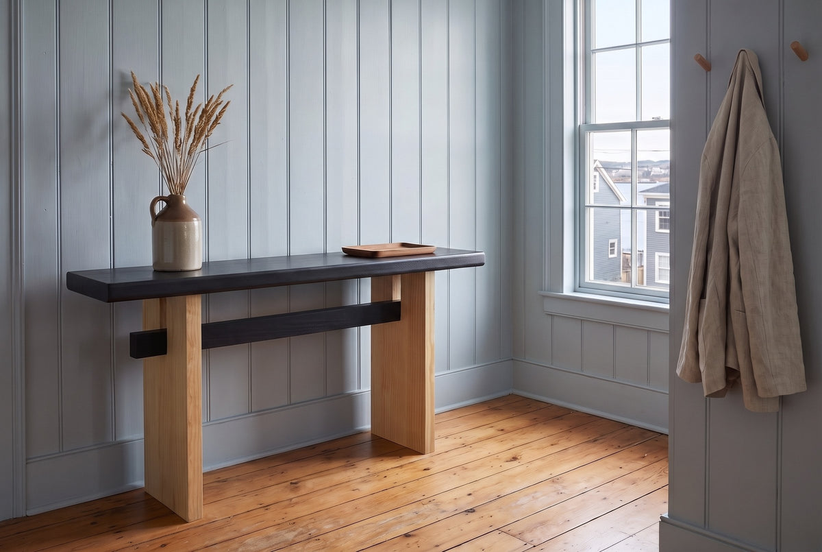 Sanremo console table with a black top and light wood legs against blue-grey panelling in an entry with a harbour window