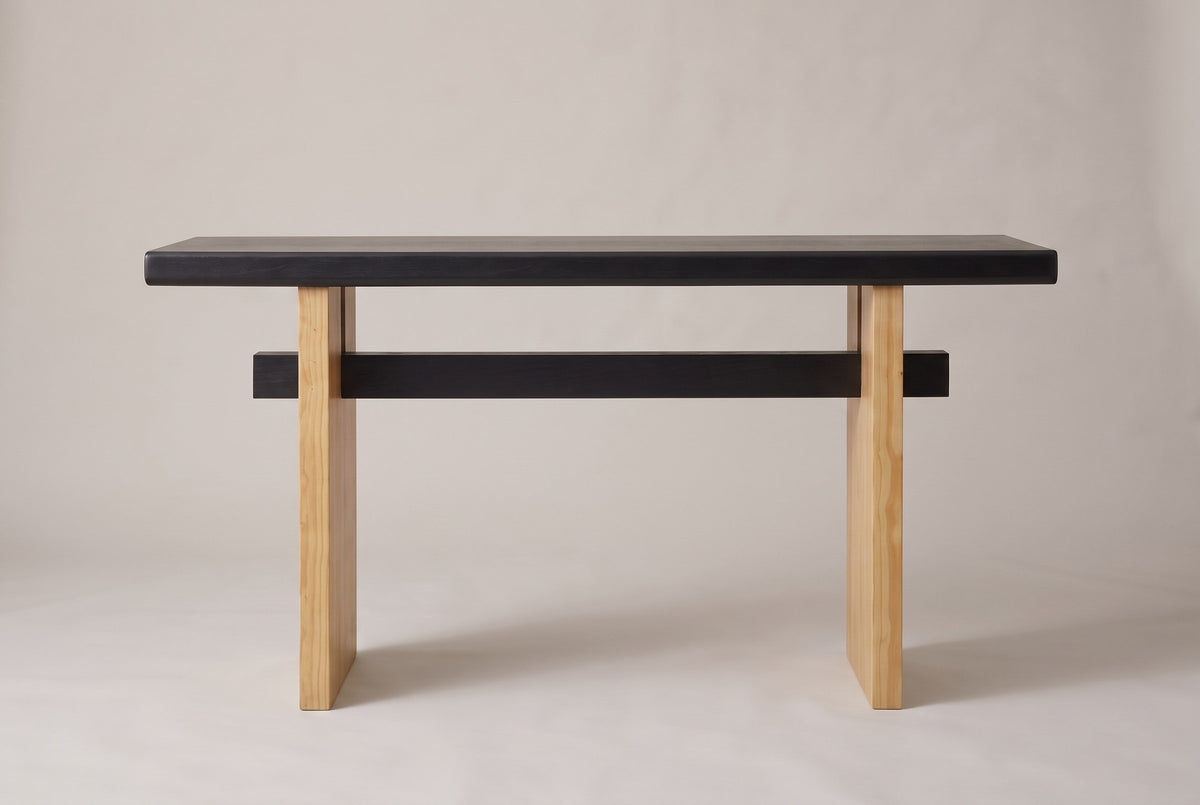 Sanremo console table in black + brown, straight front view: a thick black top