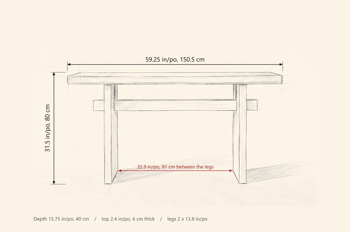 Sanremo console table dimensions: 59.25 in long, 31.5 in high, 15.75 in deep, 35.9 in between the legs