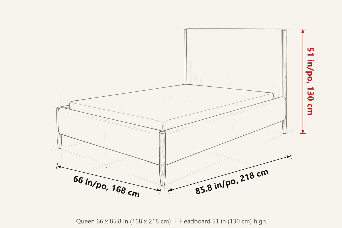 Sarnano dimensions on a pencil sketch of the bed: Queen 66 in wide, 85.8 in long, headboard 51 in high