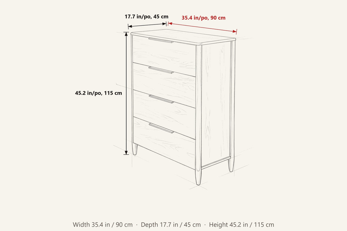 Sarnano dimensions on a pencil sketch of the chest: 35.4 in wide, 17.7 in deep, 45.2 in high