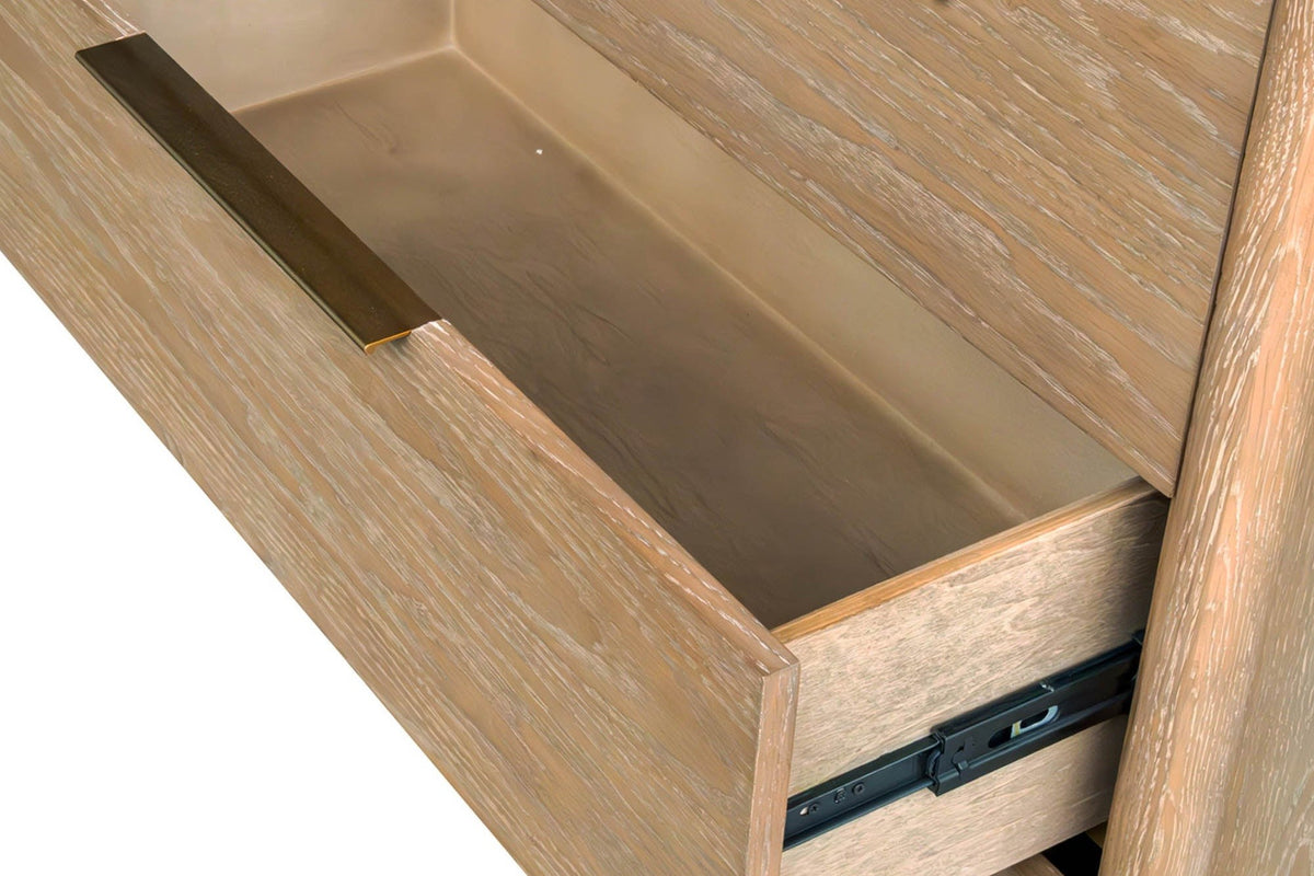 Close-up of a Sarnano drawer pulled out: the oak drawer box
