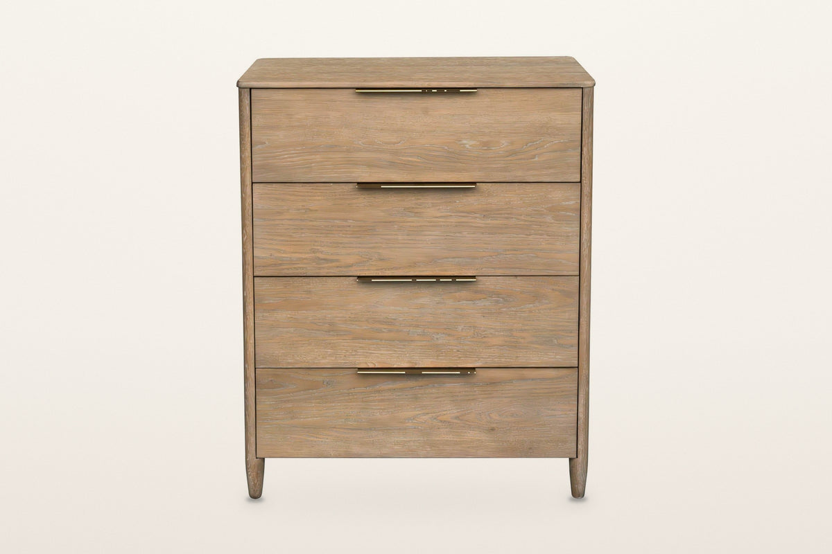 Sarnano chest in Sand, front view on a warm white studio backdrop: four equal drawers