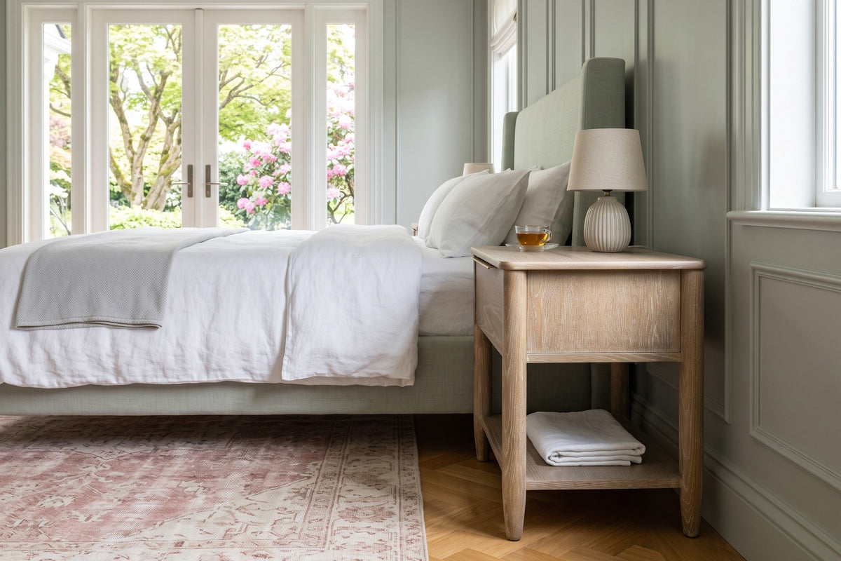 Side view of the Sarnano nightstand in Sand oak beside a sage upholstered bed in a bedroom in a Shaughnessy garden house