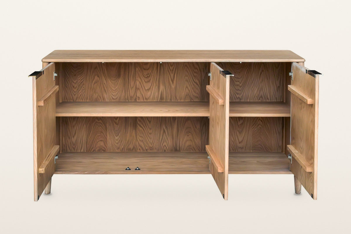 Sarnano sideboard in Sand with all three doors open on a warm white studio backdrop