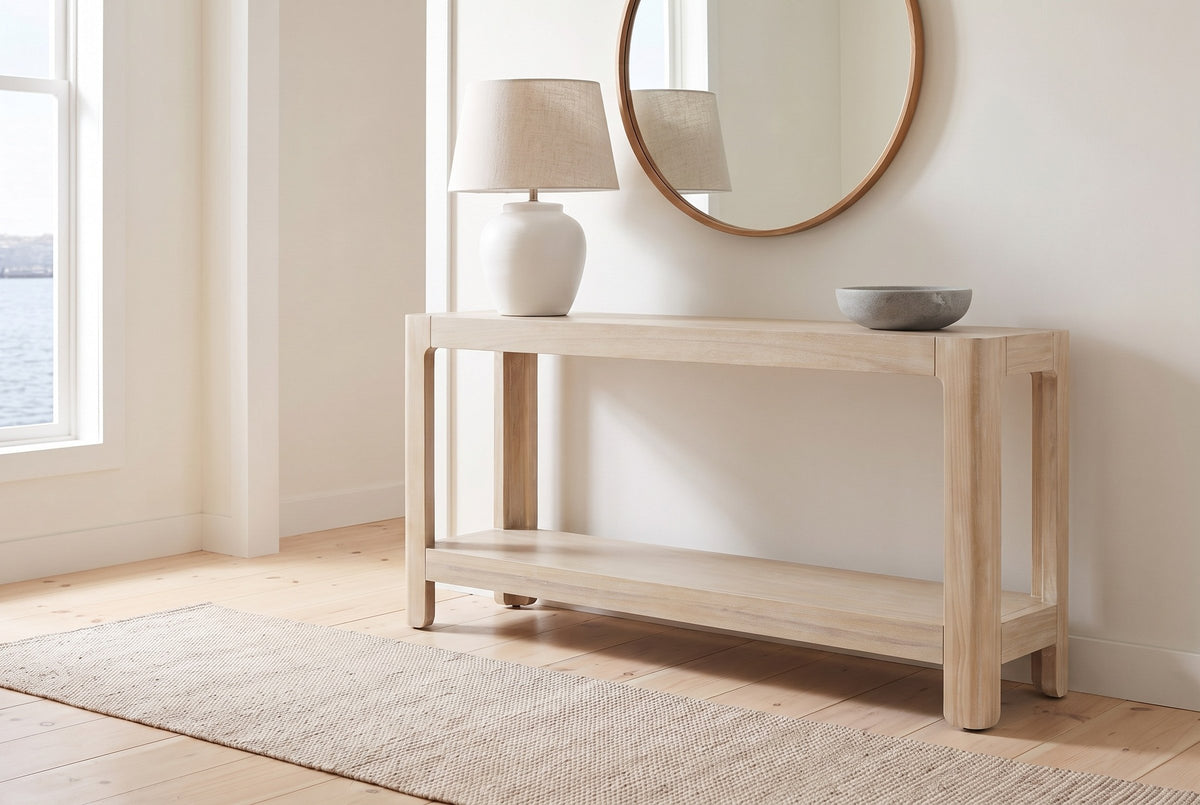 Sarnico console table in natural in a white front hall above the harbour, a lamp and a stone bowl on top