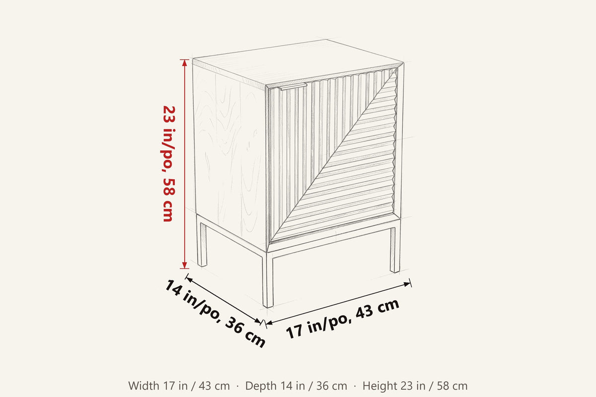 Sarteano dimensions on a pencil sketch of the nightstand: 17 in wide, 14 in deep, 23 in high