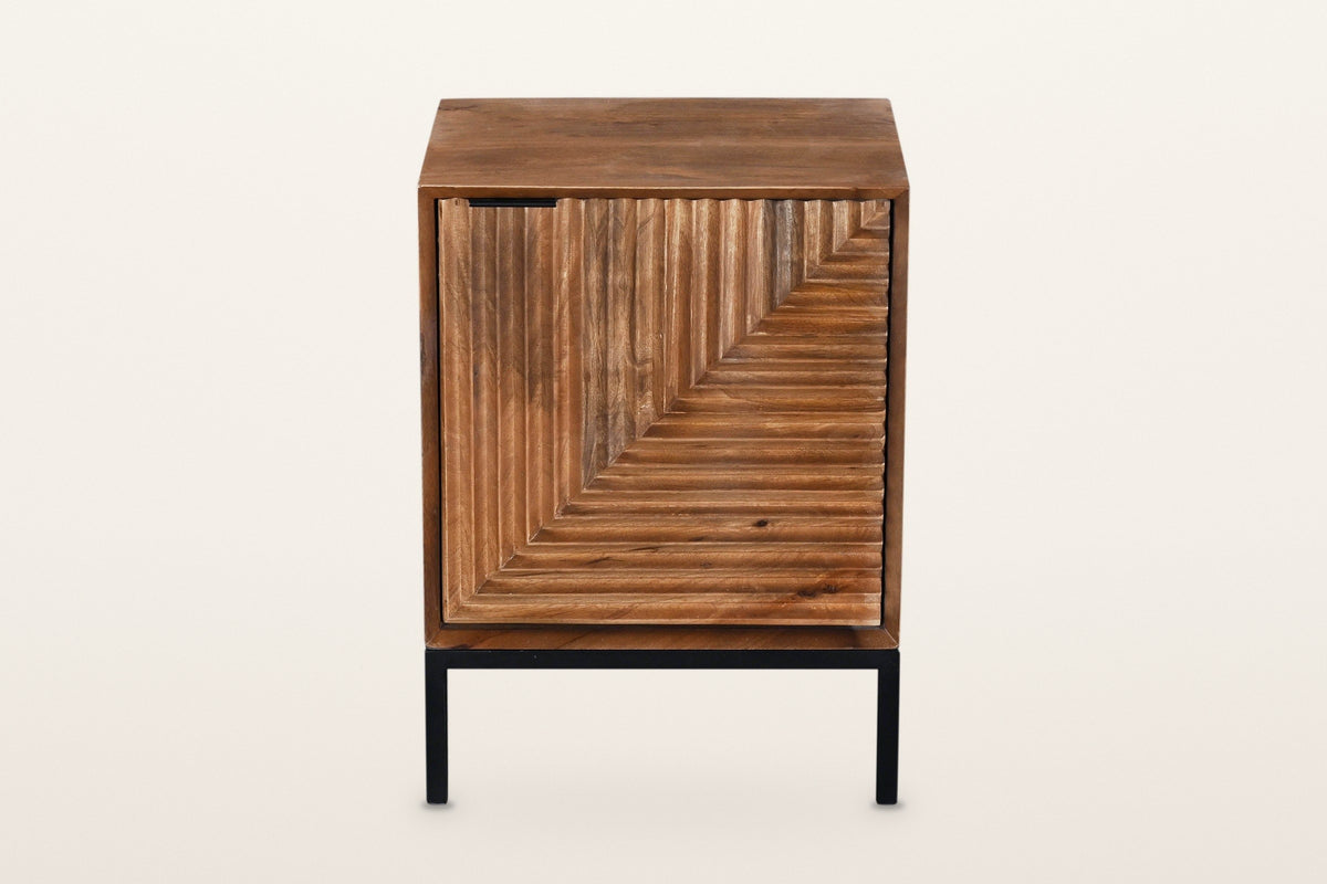 Sarteano nightstand in Pecan, front view on a warm white studio backdrop: vertical flutes at the upper left
