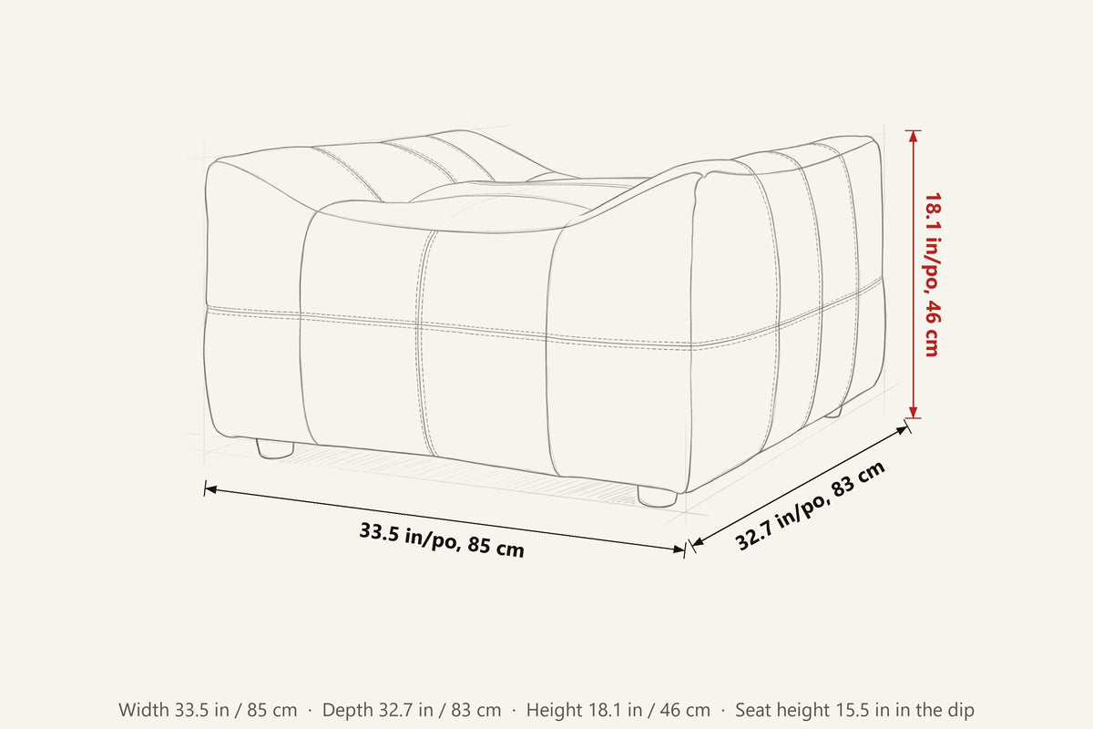 Sassocorvaro dimensions on a pencil sketch of the ottoman: 33.5 in wide, 32.7 in deep, 18.1 in high