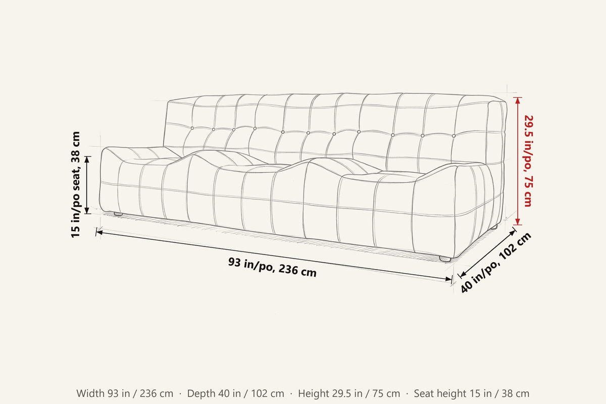 Sassocorvaro dimensions on a pencil sketch of the sofa: 93 in wide, 40 in deep, 29.5 in high, seat height 15 in