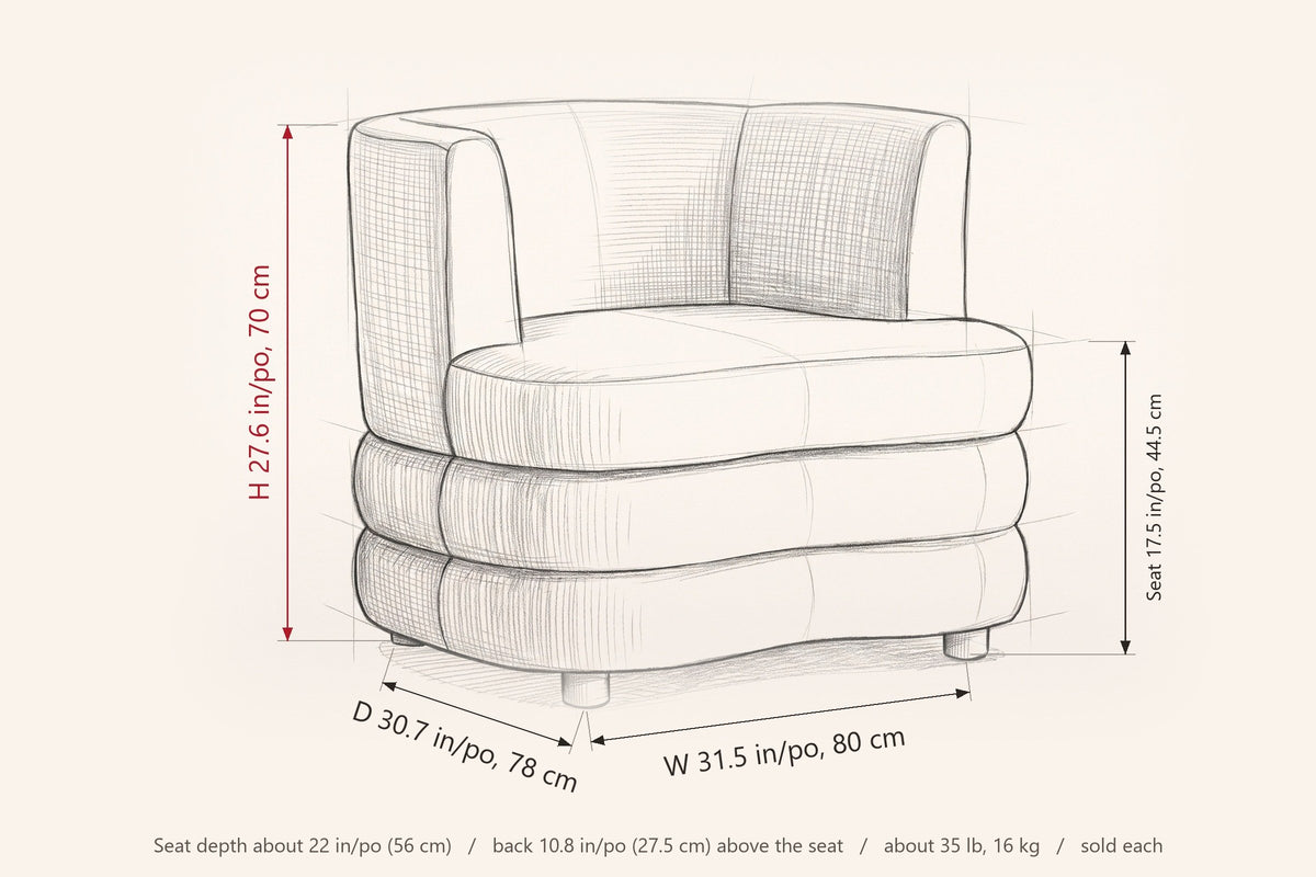 Sauze accent chair dimensions: 31.5 in wide, 30.7 in deep, 27.6 in high, seat height 17.5 in