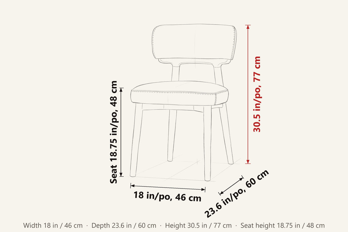 Savoca dimensions on a pencil sketch of the chair: 30.5 in high, 18 in wide, 23.6 in deep, seat height 18.75 in