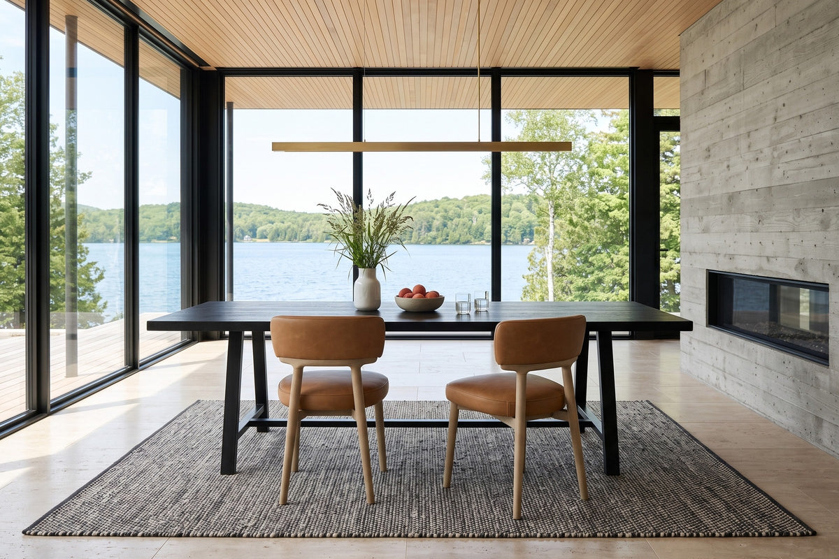 Two Savoca dining chairs in Tawny leather seen from behind at a black oak trestle table in a Dorset house on Lake of Bays