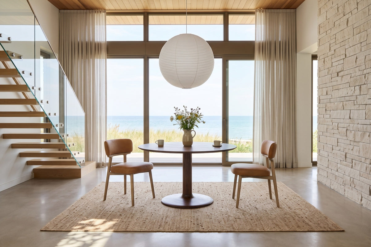 Two Savoca dining chairs in Tawny leather at a round walnut pedestal table in a Goderich house above Lake Huron