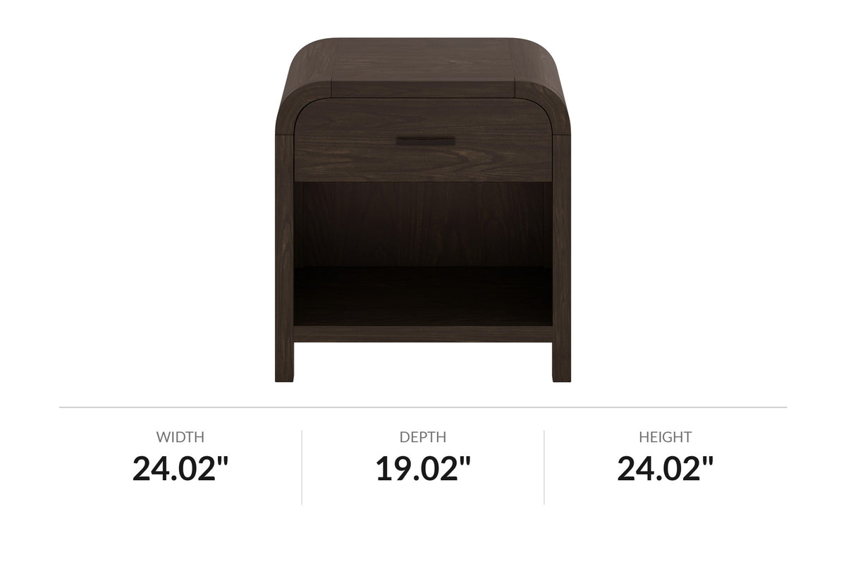 Saylor dark walnut nightstand, front view with dimensions