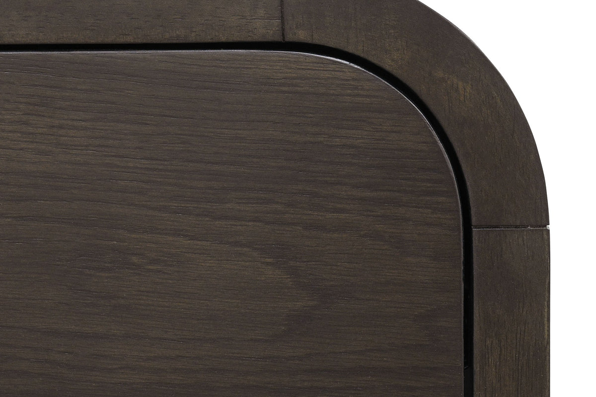 Saylor nightstand close-up of the rounded corner and dark walnut oak grain