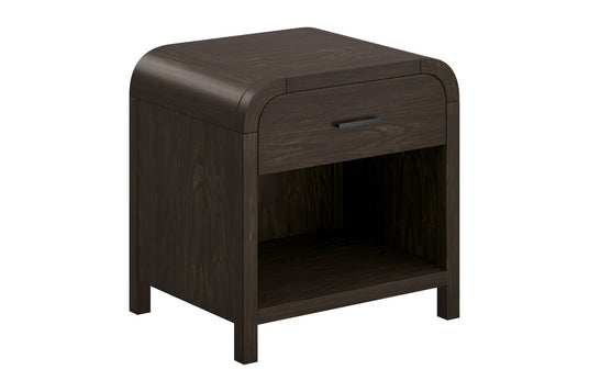 Saylor Oak Veneer 1-Drawer Nightstand with Charging Station - Soft Curves, Deep Colour