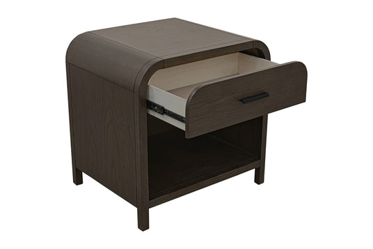 Saylor Oak Veneer 1-Drawer Nightstand with Charging Station - Storage That Opens Fully