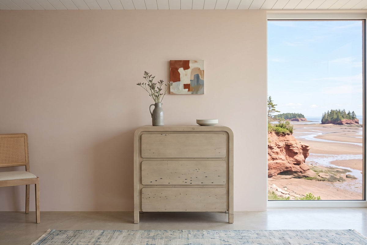 Scheggino chest seen straight on in a Five Islands house on the Bay of Fundy, with clay-pink limewash