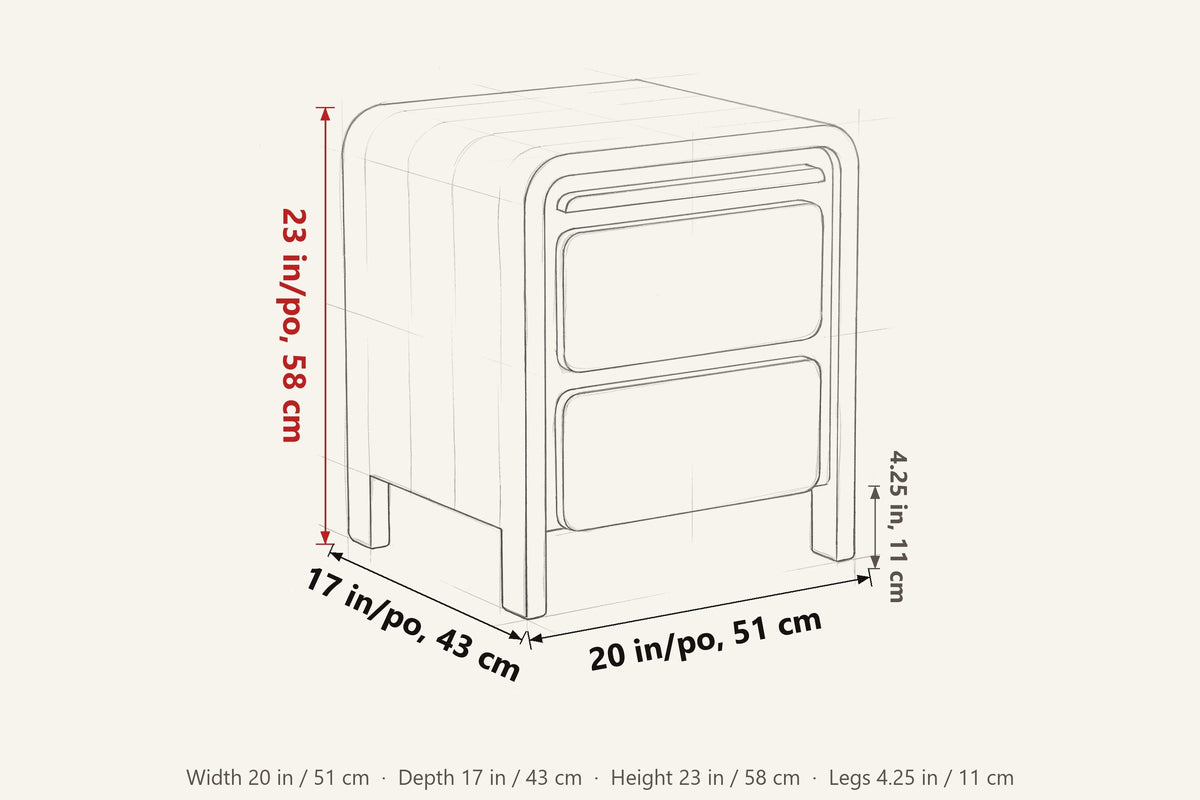 Scheggino dimensions on a pencil sketch of the nightstand: 20 in wide, 17 in deep, 23 in high, legs 4.25 in