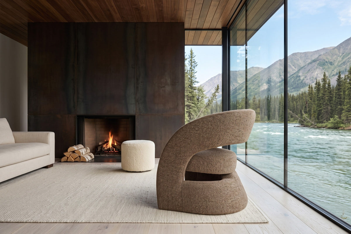 Sefro accent chair in Chocolate in a Whitehorse river house, by a corten steel fireplace wall