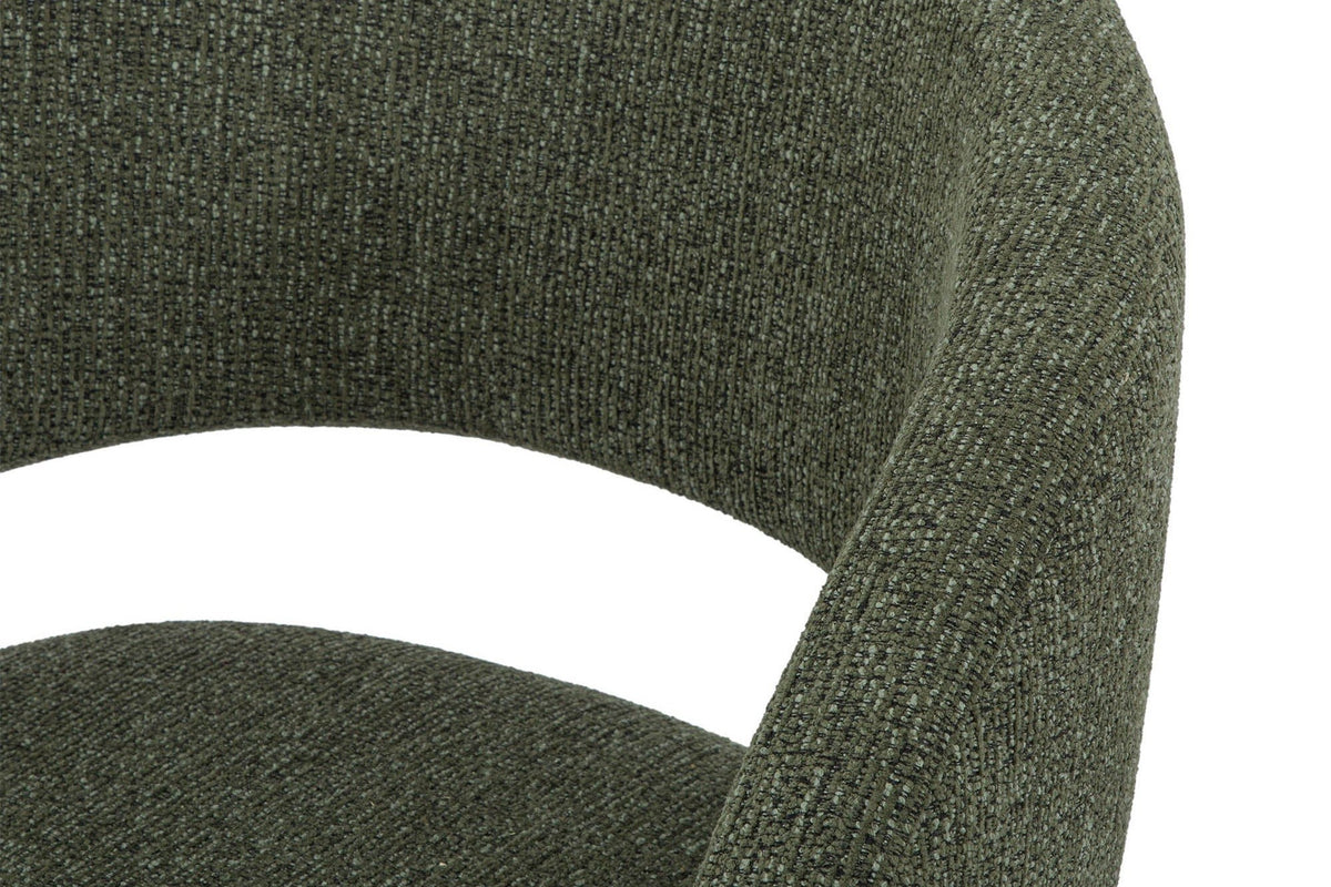 Close-up of the Sefro back band in Green, the crescent opening over the seat and the flecked polyester weave