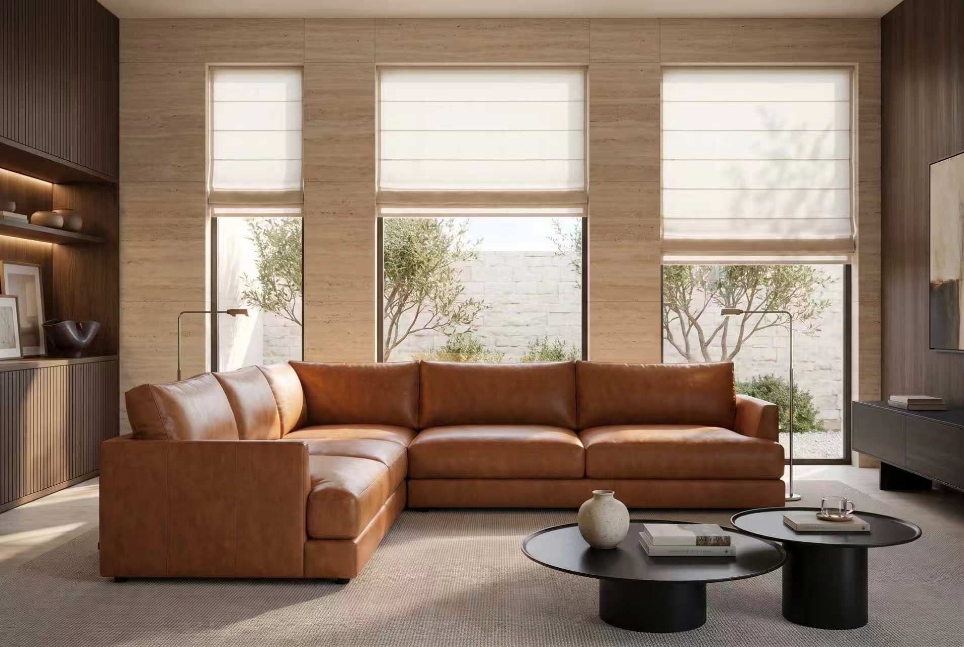 Serena leather corner sectional in Cognac in a living room with wood panelling and linen blinds