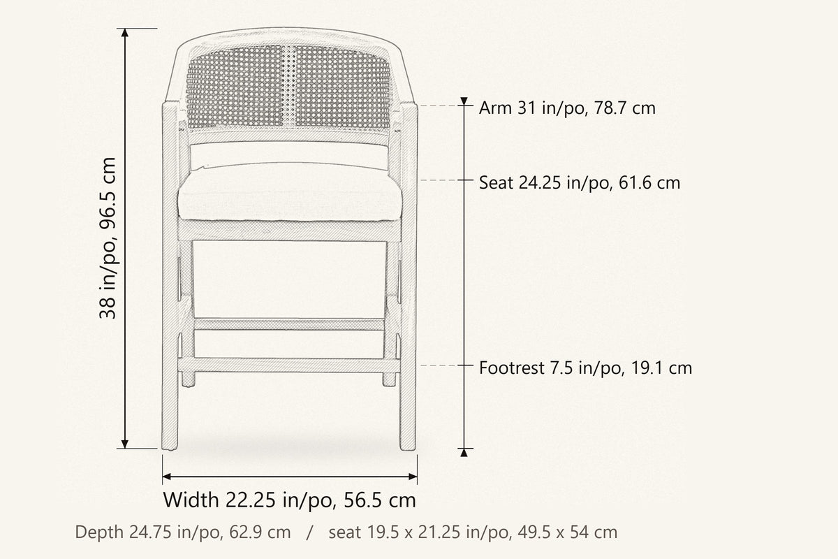 Sermoneta dimensions: 22.25 in wide, 24.75 in deep, 38 in high, seat height 24.25 in, arm height 31 in, footrest 7.5 in