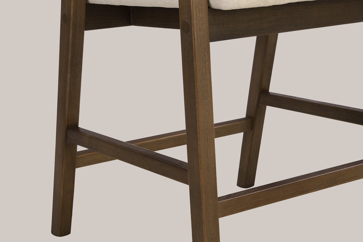Close-up of the front leg, the seat frame, a rear leg and the footrest bars of the Walnut Sermoneta stool