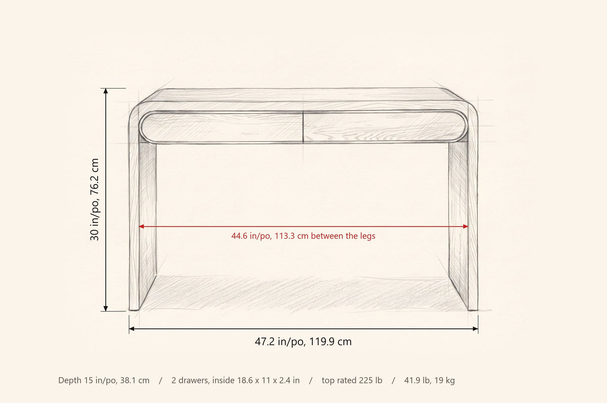 Sestri dimensions: 47.2 in wide, 30 in high, 15 in deep, 44.6 in between the legs