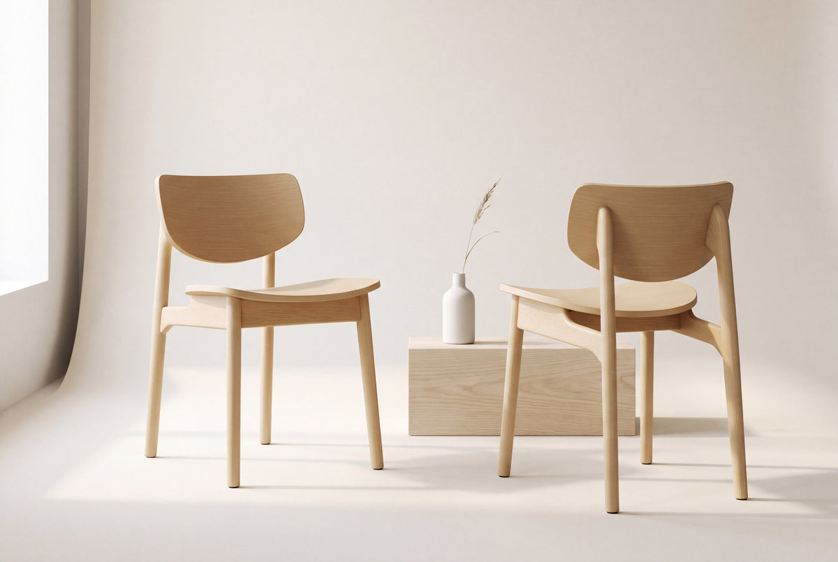 Two Simone dining chairs in natural oak, front and back views, beside a pale oak block with a white vase