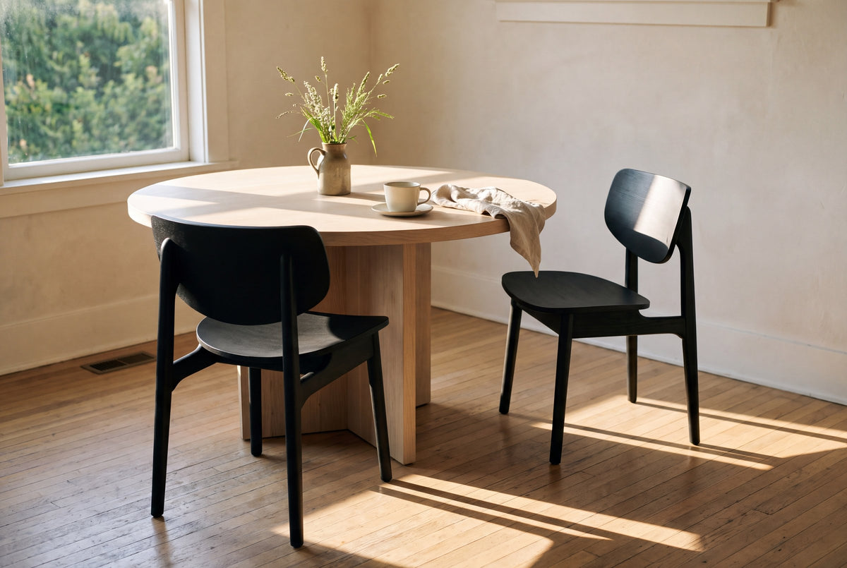 Two black Simone dining chairs at a round white oak pedestal table with a coffee cup, a linen napkin and a stoneware jug of wild grasses, in a sunlit room with a plaster wall, a window onto green trees and an old oak strip floor