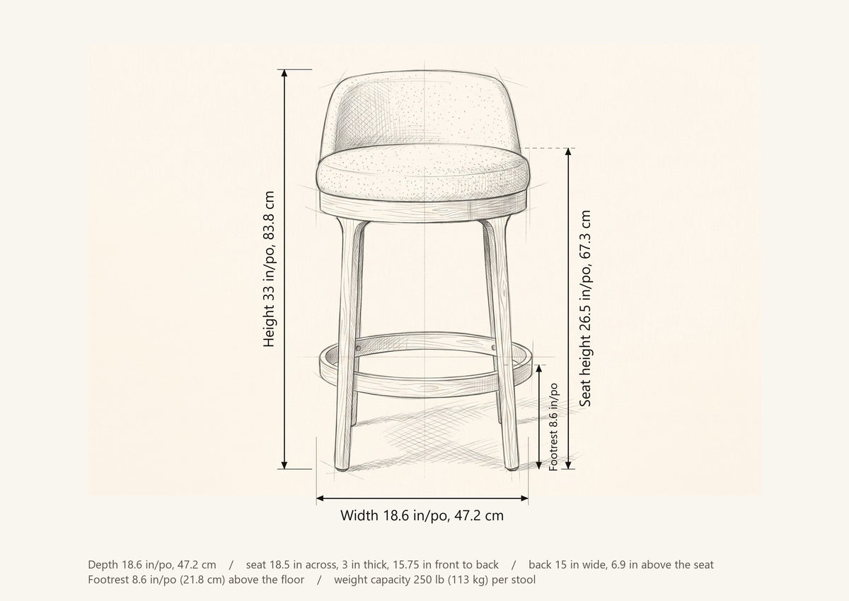 Sirolo dimensions: 18.6 in wide, 18.6 in deep, 33 in high, seat height 26.5 in, footrest 8.6 in