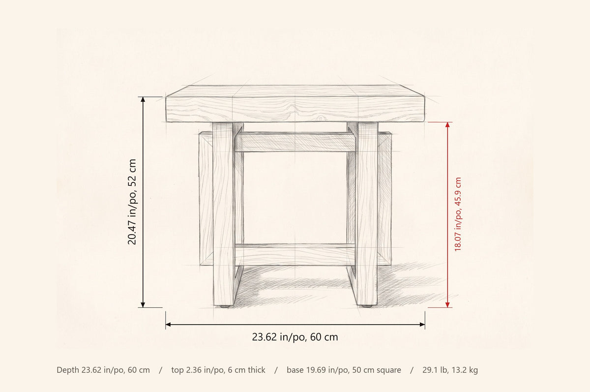Soave dimensions: 23.62 in wide and deep, 20.47 in high, 18.07 in from the floor to the underside of the top