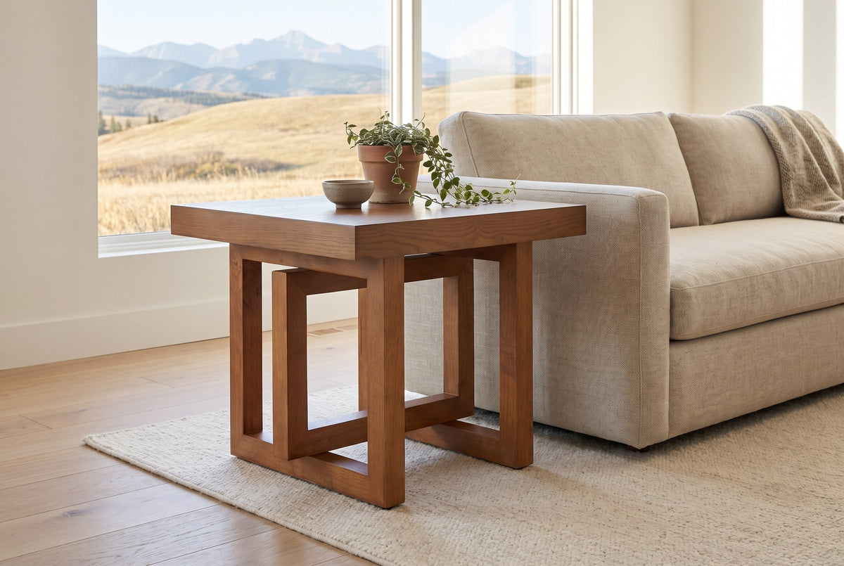 Soave side table in walnut beside an oatmeal linen sofa in a Calgary living room, the foothills through the window
