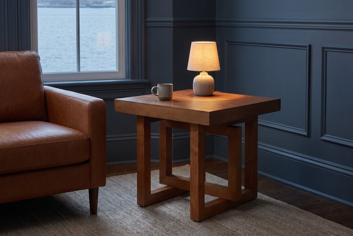 Soave side table beside a cognac leather armchair in a blue-grey Halifax front room at dusk, a small lamp lit on top