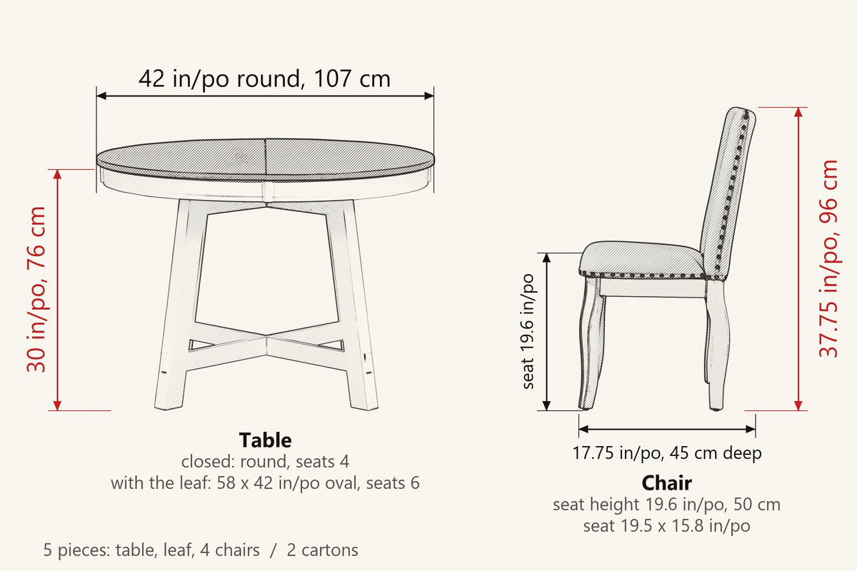 Spilamberto dimensions: table 42 in round, extends to 58 in, 30 in high; chair 37.75 in high, seat 19.6 in high