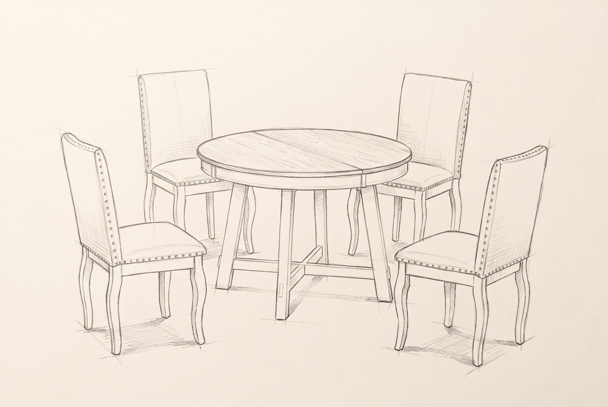Pencil drawing of the Spilamberto set: a round table with four chairs
